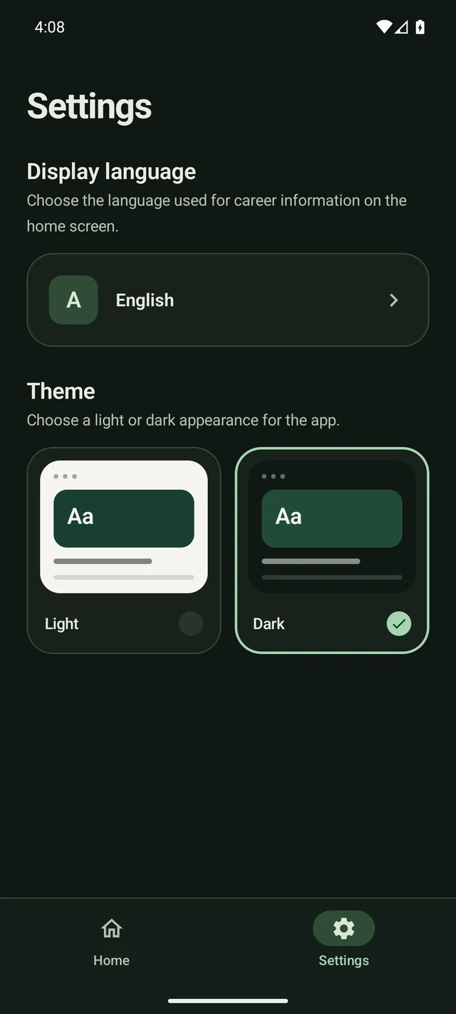 Settings in English with the dark theme, showing display language and light and dark theme choices.