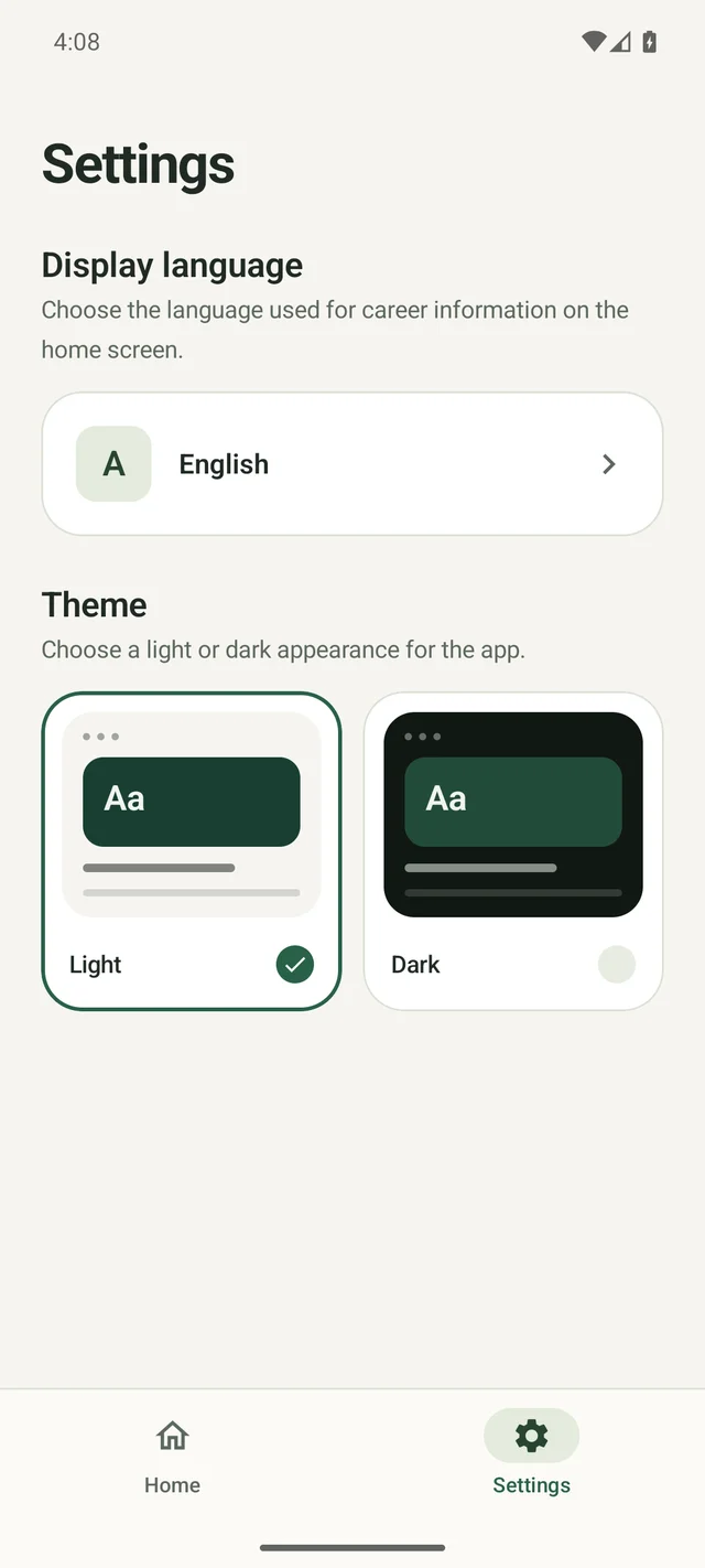 Settings in English, showing the display language selector and light and dark theme preview cards.