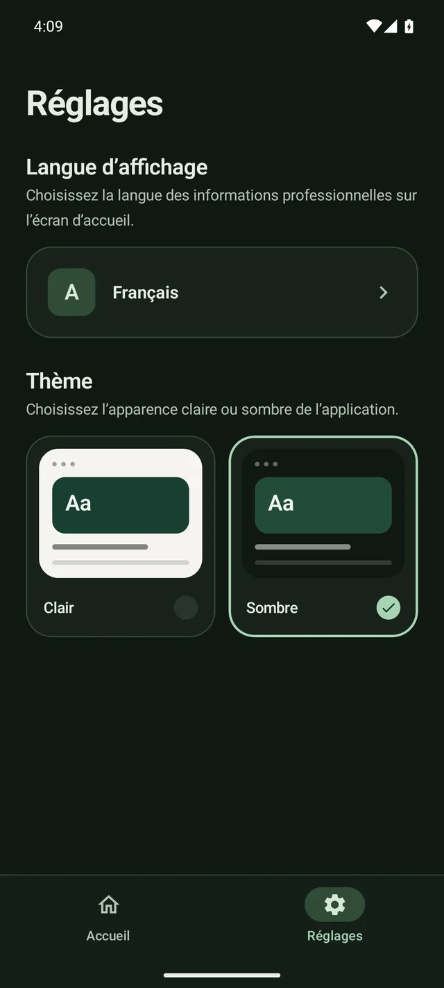 Réglages en français et thème sombre, avec le choix de la langue et les cartes des thèmes clair et sombre.